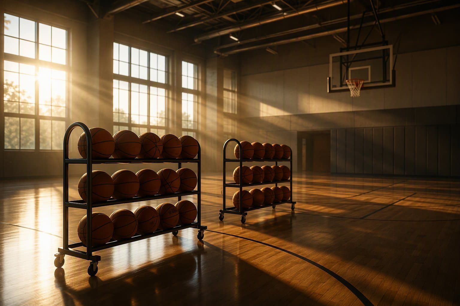 A practice court at sunrise with racks of basketballs - AI-generated illustration, Jake Team LLC