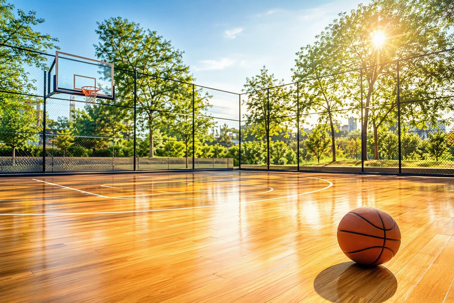 empty sunlit basketball court - illustration, Jake Team LLC