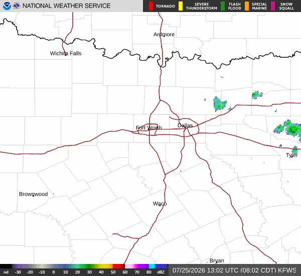 Latest National Weather Service radar for North Texas (KFWS radar). Source: radar.weather.gov.