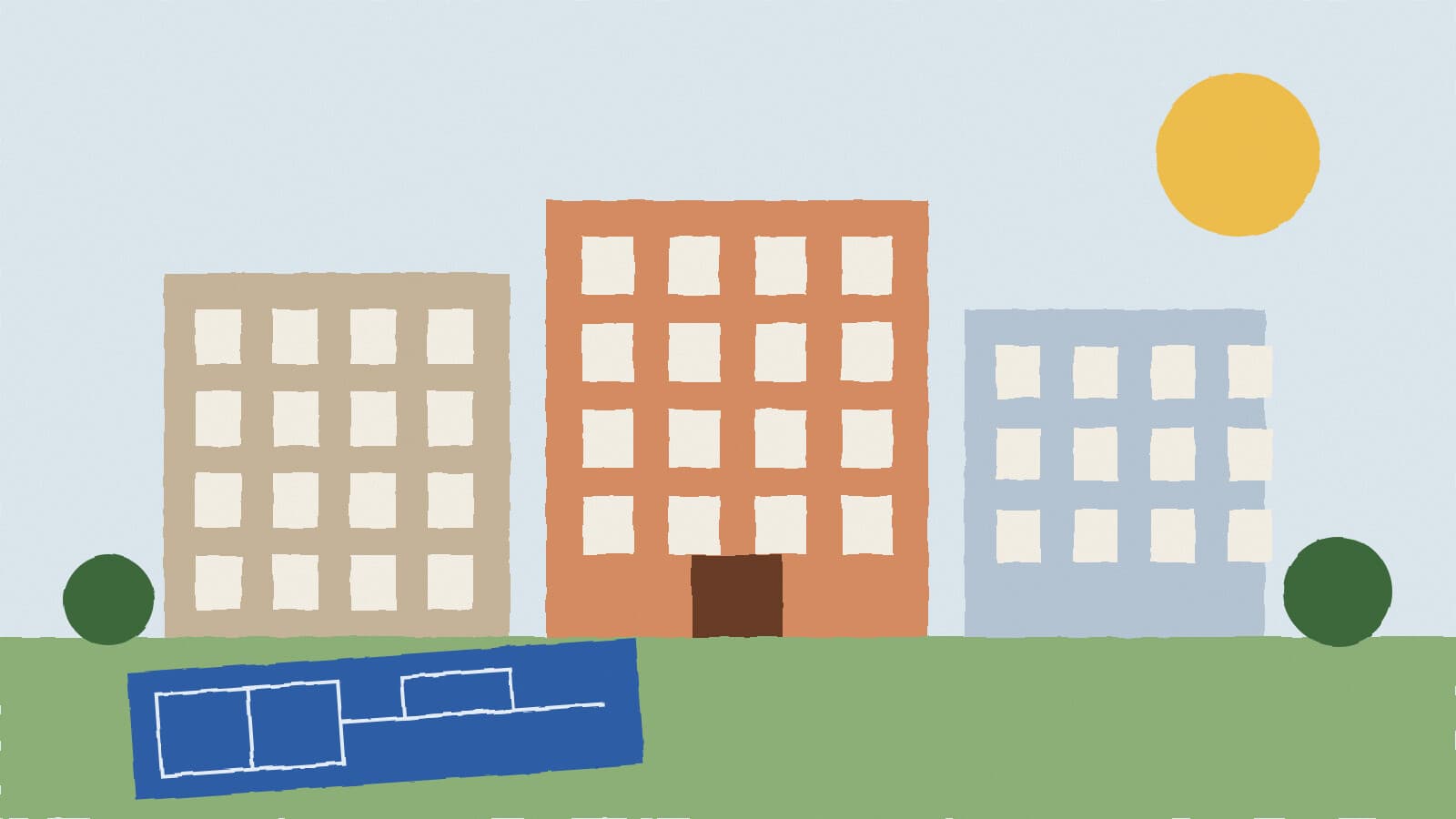 Apartment buildings and blueprint - illustration, Jake Team LLC