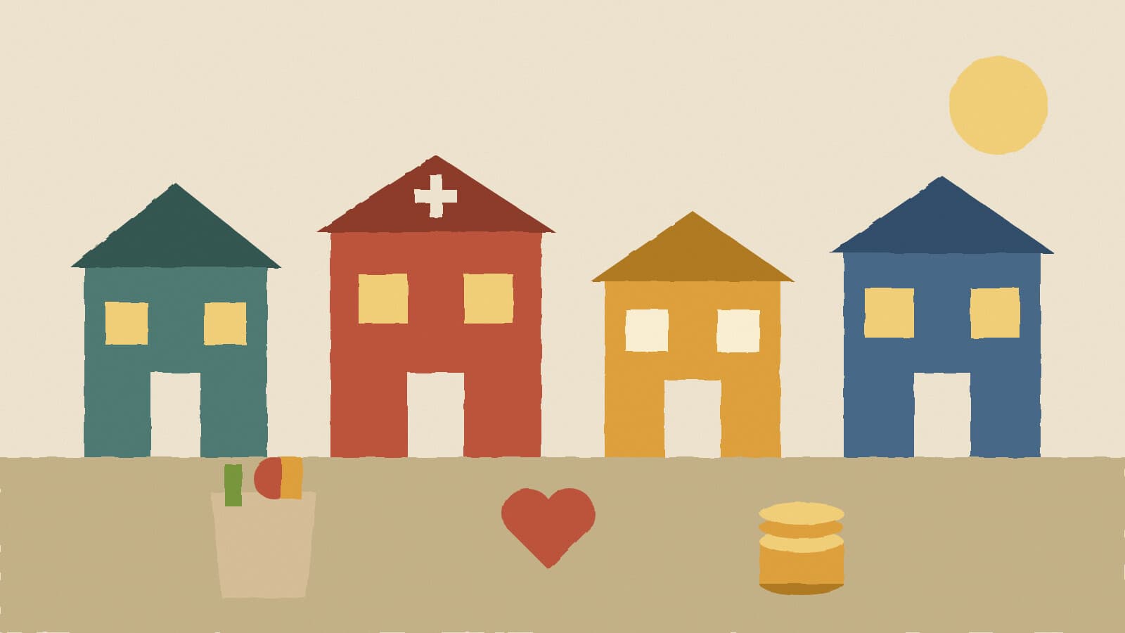 Homes with food, heart and coins - illustration, Jake Team LLC