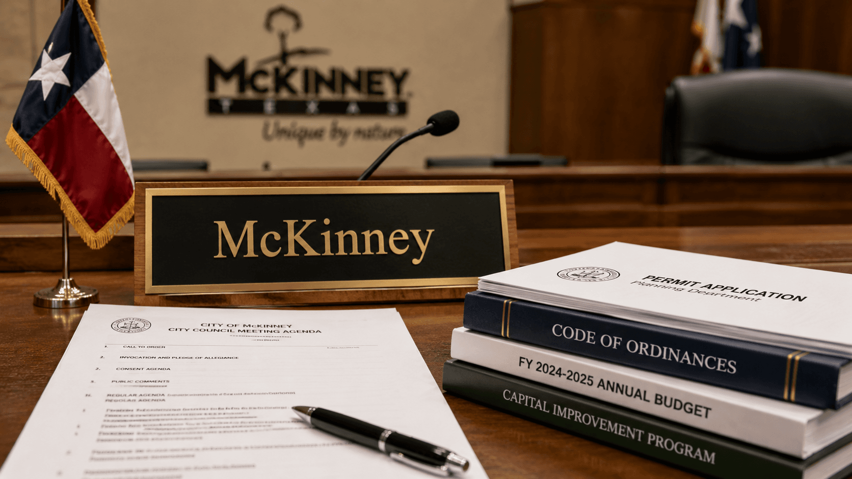 McKinney Texas reviews permits, bills, and city agenda items - Illustration Jake Team LLC