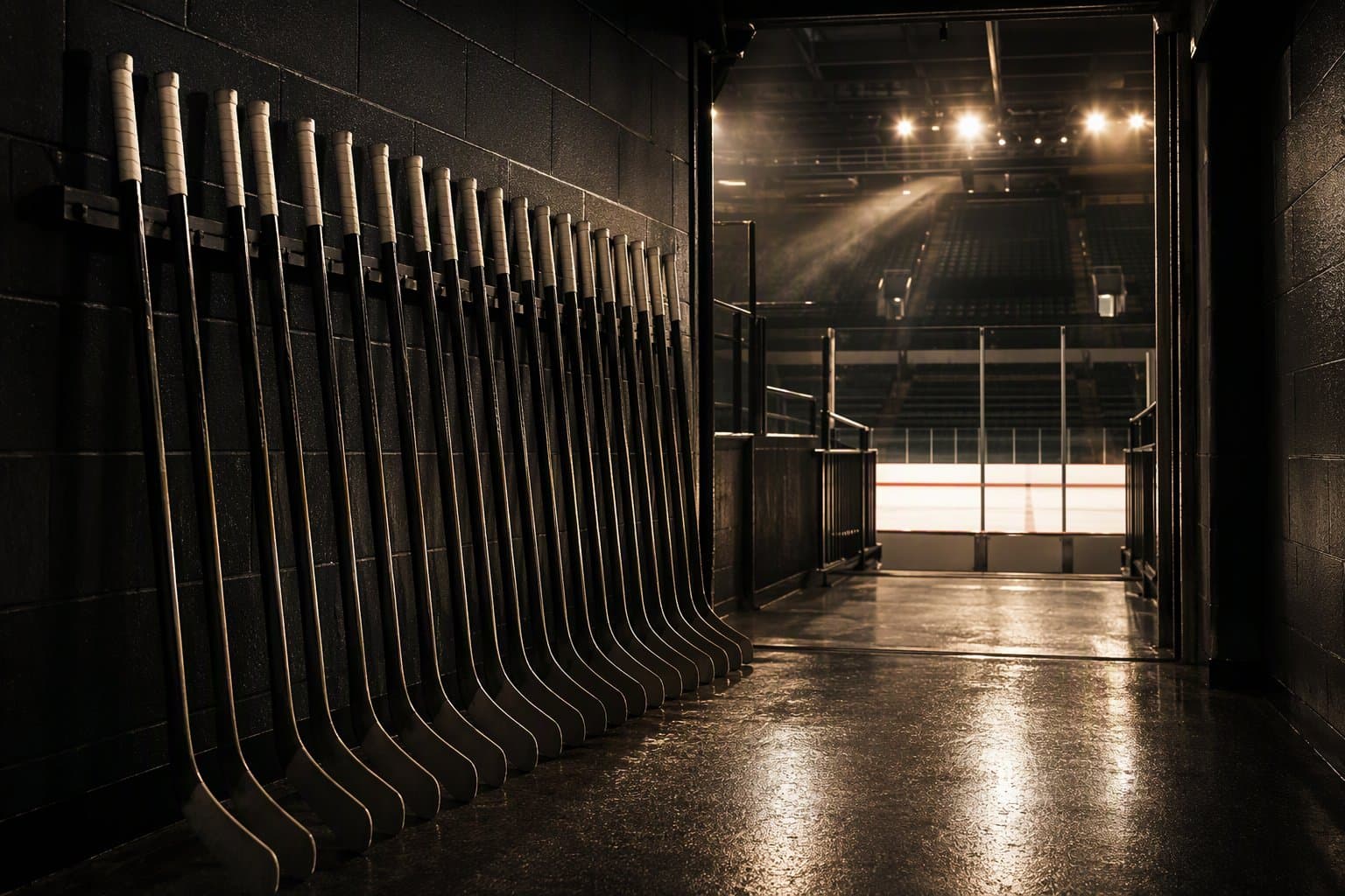 A rack of hockey sticks in the tunnel - AI-generated illustration, Jake Team LLC